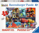 A colorful jigsaw puzzle featuring beloved Pixar characters such as Woody, Buzz Lightyear, Sulley, and Lightning McQueen, designed for children aged 4 and up. The box showcases images of characters from various Pixar movies, arranged playfully with a vibrant background, and highlights that it includes 60 easy-to-handle pieces.