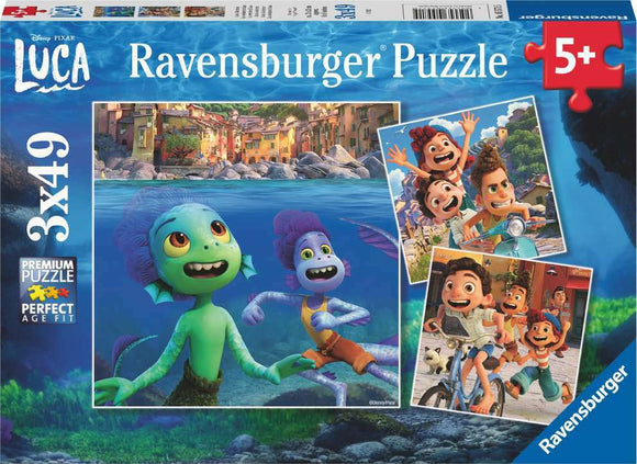 Luca's Adventures puzzle by Ravensburger featuring vibrant scenes from the Disney Pixar film 'Luca'. The box showcases colorful images of the characters Luca and his friends, set against the picturesque backdrop of their seaside village, highlighting moments of fun and adventure. Suitable for ages 5 and up.