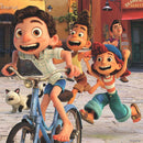 Luca's Adventures jigsaw puzzle by Ravensburger featuring animated characters riding bicycles and enjoying the sun-filled streets of a colorful village. The puzzle showcases the excitement of friendship and adventure, making it perfect for puzzle enthusiasts and Disney fans.