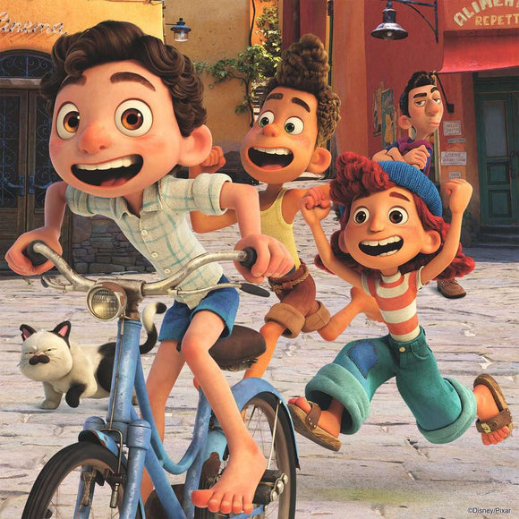Luca's Adventures jigsaw puzzle by Ravensburger featuring animated characters riding bicycles and enjoying the sun-filled streets of a colorful village. The puzzle showcases the excitement of friendship and adventure, making it perfect for puzzle enthusiasts and Disney fans.
