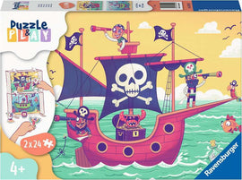 Puzzle & Play: Land in Sight jigsaw puzzle by Ravensburger featuring colorful pirate characters on a sailing ship with a skull flag, along with illustrations of treasures and sea-themed elements, suitable for ages 4 and up. Includes 2 puzzles of 24 pieces each.