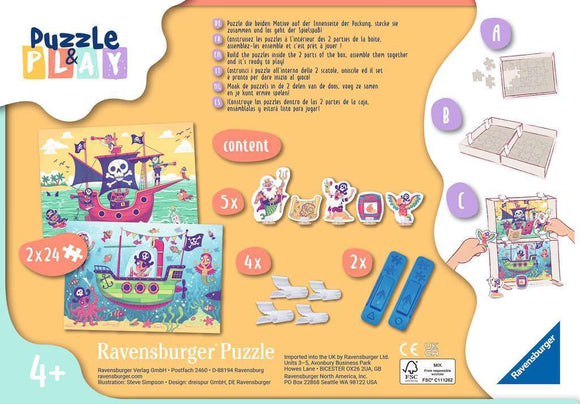 Puzzle & Play: Land in Sight is a jigsaw puzzle designed for children aged 4 and up by Ravensburger. This engaging puzzle features vibrant illustrations of a pirate ship, playful pirates, and a colorful ocean scene. The set includes two 24-piece puzzles that can be combined for a fun and interactive play experience. The package also contains additional components for interactive play, enhancing creativity and imaginative exploration.