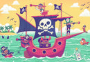 A colorful jigsaw puzzle titled 'Puzzle & Play: Land in Sight' featuring a whimsical pirate ship with pirates using telescopes, surrounded by playful sea creatures and tropical islands. The vibrant illustration showcases a treasure chest and a skull-and-crossbones flag, making it perfect for kids and pirate enthusiasts.