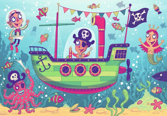 A vibrant and colorful jigsaw puzzle illustration featuring a whimsical underwater scene. A pirate ship sails through clear blue waters, surrounded by playful marine life, including fish, an octopus, and a mermaid. The characters onboard display playful expressions, with a pirate wearing a skull and crossbones hat, and an astronaut-style diver interacting with the sea creatures. The artwork is enchanting and perfect for children, sparking imagination and adventure.