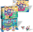 Ravensburger Puzzle & Play: Land in Sight jigsaw puzzle featuring a colorful pirate theme. The puzzle shows vibrant scenes of pirates on ships and playful sea creatures, with additional stand-up characters like a parrot and a pirate king. The packaging showcases the completed puzzle and offers a fun, interactive experience for children.