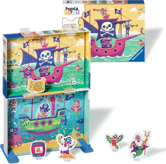 Ravensburger Puzzle & Play: Land in Sight jigsaw puzzle featuring a colorful pirate theme. The puzzle shows vibrant scenes of pirates on ships and playful sea creatures, with additional stand-up characters like a parrot and a pirate king. The packaging showcases the completed puzzle and offers a fun, interactive experience for children.
