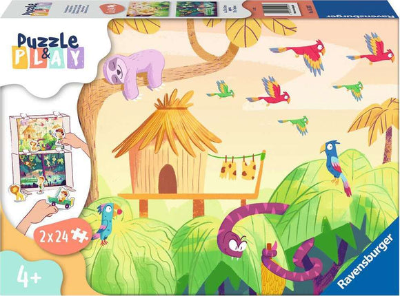 Puzzle & Play: Jungle Exploration jigsaw puzzle by Ravensburger featuring vibrant jungle scenery with a sloth, colorful parrots, and a snake. Ideal for ages 4+, this puzzle includes two 24-piece puzzles that enhance cognitive skills and promote creativity through playful learning.