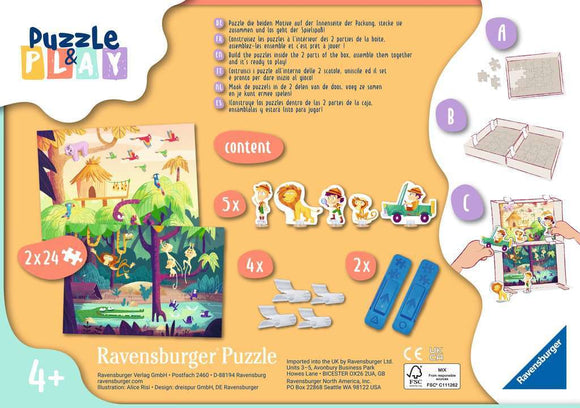 Puzzle & Play: Jungle Exploration jigsaw puzzle by Ravensburger featuring vibrant jungle scenes with animals and explorers. The puzzle includes two 24-piece challenges, ideal for children 4 years and older, stimulating creativity and problem-solving skills.