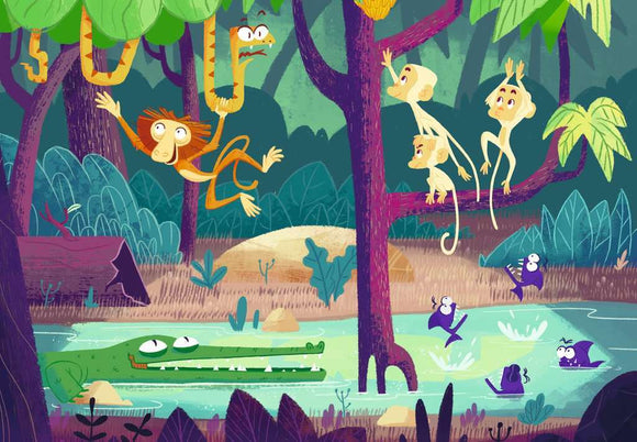 A vibrant jigsaw puzzle scene depicting a jungle exploration theme, featuring playful monkeys swinging from trees, a curious crocodile in a pond, and colorful tropical plants. The illustration captures a lively jungle atmosphere, inviting players to dive into this fun puzzle adventure.