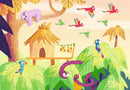 A vibrant jigsaw puzzle image depicting a jungle scene with a sloth hanging from a tree branch, a thatched-roof hut, and colorful birds flying over lush green foliage. A friendly snake is coiled around a tree, adding to the lively atmosphere of this exploration-themed puzzle.