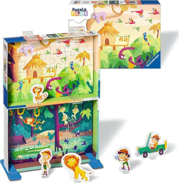 Puzzle & Play: Jungle Exploration by Ravensburger is a vibrant jigsaw puzzle designed for children. It features lively jungle scenes with colorful animals, including monkeys, parrots, and a lion. The puzzle also includes playful figurines of explorers and animals that enhance interactive play, promoting creativity and problem-solving skills.