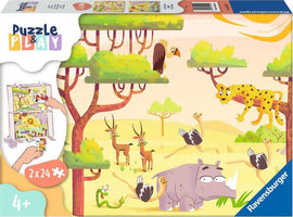 A colorful jigsaw puzzle titled 'Puzzle & Play: Safari Time' by Ravensburger. It features a vibrant scene with various wild animals like a leopard, a rhinoceros, and ostriches in a safari landscape with trees and grass. The puzzle is designed for children aged 4 and up and contains 2 sets of 24 pieces each. The packaging showcases playful illustrations, sparking creativity and learning.