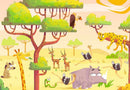 A colorful and playful jigsaw puzzle by Ravensburger titled 'Puzzle & Play: Safari Time 2x2'. The image features cartoonish animals in a vibrant safari setting, including a giraffe, a leopard lounging in a tree, a rhinoceros, various birds, and antelopes among lush green trees under a bright sky.