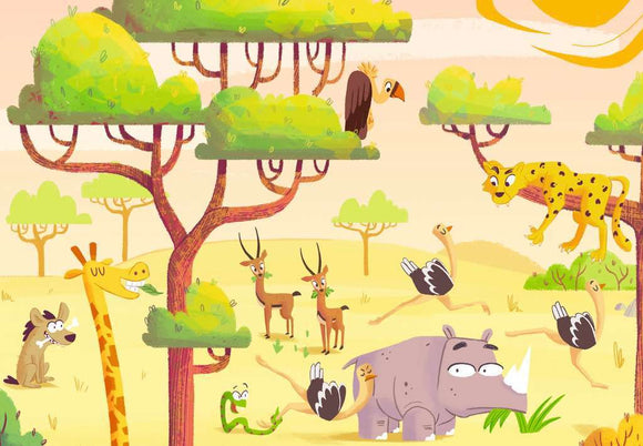 A colorful and playful jigsaw puzzle by Ravensburger titled 'Puzzle & Play: Safari Time 2x2'. The image features cartoonish animals in a vibrant safari setting, including a giraffe, a leopard lounging in a tree, a rhinoceros, various birds, and antelopes among lush green trees under a bright sky.