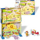 A colorful 2x2 jigsaw puzzle titled 'Safari Time' by Ravensburger, featuring a vibrant safari scene with animals like elephants, lions, and zebras. The puzzle is displayed in a box and includes playful character pieces and a backdrop of lush trees and wildlife in a cheerful setting.