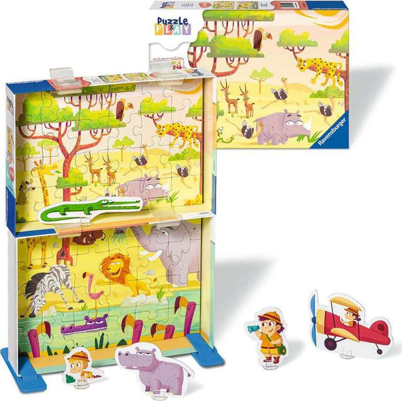 A colorful 2x2 jigsaw puzzle titled 'Safari Time' by Ravensburger, featuring a vibrant safari scene with animals like elephants, lions, and zebras. The puzzle is displayed in a box and includes playful character pieces and a backdrop of lush trees and wildlife in a cheerful setting.