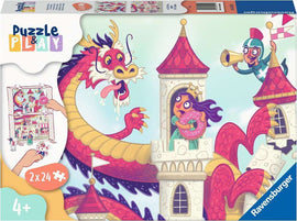 The packaging for the Puzzle & Play: Donut Dragon 2x jigsaw puzzle featuring a whimsical illustration. A colorful dragon plays near a castle with a princess and a knight, surrounded by vibrant elements. This puzzle set includes two 24-piece puzzles suitable for ages 4 and up. Ideal for children's playtime, promoting creativity and problem-solving skills.