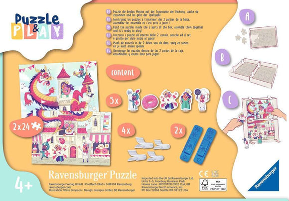 Ravensburger Puzzle & Play: Donut Dragon 2x featuring two colorful jigsaw puzzles. One side shows a vibrant dragon and castle scene, while the other features charming characters. The kit includes puzzle pieces and fun accessories for an engaging playtime experience, suitable for children aged 4 and up.