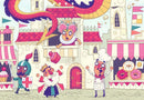 A colorful jigsaw puzzle illustration featuring a whimsical donut dragon soaring above a medieval castle. Below, a playful scene includes a surprised queen peeking from a balcony, a happy king with a crown and a chef celebrating with a donut. The setting is adorned with various baked goods and flags, creating a fun and engaging atmosphere perfect for families and puzzle enthusiasts.
