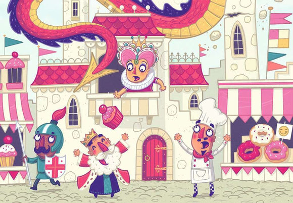 A colorful jigsaw puzzle illustration featuring a whimsical donut dragon soaring above a medieval castle. Below, a playful scene includes a surprised queen peeking from a balcony, a happy king with a crown and a chef celebrating with a donut. The setting is adorned with various baked goods and flags, creating a fun and engaging atmosphere perfect for families and puzzle enthusiasts.