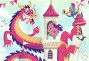 A colorful jigsaw puzzle image depicting a whimsical scene featuring a dragon spilling water, a castle, and a princess holding a donut while a knight announces the dragon's arrival. The dragon, vividly colored in red and gold, is playfully interacting with the scene, creating a fun and engaging atmosphere.
