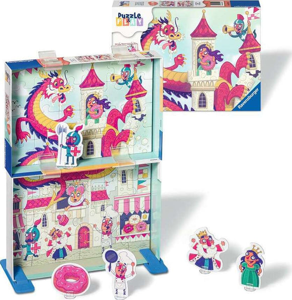 The Puzzle & Play: Donut Dragon 2x by Ravensburger is a colorful jigsaw puzzle featuring a whimsical dragon and castle scene. The puzzle includes playful characters like a knight, a chef, and royalty, along with a donut-shaped accessory. The package displays vibrant illustrations that appeal to children and families, making it an engaging activity for puzzle enthusiasts.