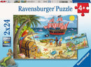 Ravensburger Pirates & Mermaids Jigsaw Puzzle featuring vibrant scenes of pirates on a ship, treasure chests, and playful sea creatures. The puzzle includes two 24-piece designs highlighting colorful pirates, a mermaid, and an underwater paradise.