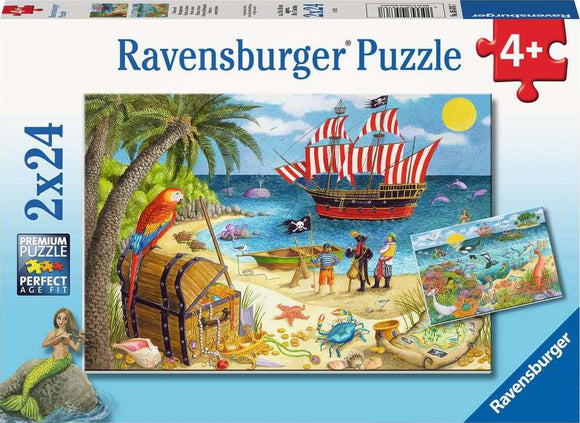 Ravensburger Pirates & Mermaids Jigsaw Puzzle featuring vibrant scenes of pirates on a ship, treasure chests, and playful sea creatures. The puzzle includes two 24-piece designs highlighting colorful pirates, a mermaid, and an underwater paradise.