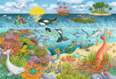 Colorful jigsaw puzzle depicting a vibrant underwater scene featuring mermaids, dolphins, and various sea creatures alongside pirates and a treasure ship under a golden sunset. The image showcases a rich coral reef with an octopus, turtles, and a variety of fish, creating a whimsical connection between the pirate and mermaid worlds.