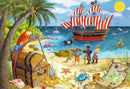A colorful jigsaw puzzle featuring a vibrant scene of pirates and mermaids. Includes a treasure chest overflowing with jewels, a parrot perched nearby, a beautiful sailing ship with red and white sails, and playful dolphins jumping in the ocean. The beach is decorated with a treasure map, a crab, and various sea creatures, capturing a lively pirate adventure.