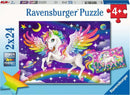 Ravensburger jigsaw puzzle featuring vibrant artwork of a unicorn with rainbow-colored mane and wings, set against a colorful, starry night sky. Includes a smaller image of another unicorn design. Suitable for children aged 4 and up.