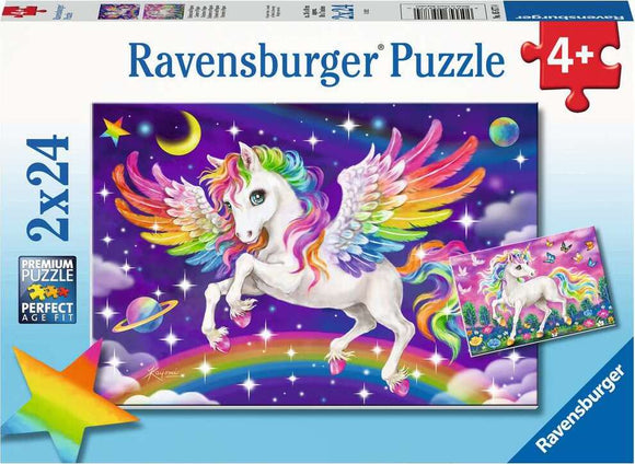 Ravensburger jigsaw puzzle featuring vibrant artwork of a unicorn with rainbow-colored mane and wings, set against a colorful, starry night sky. Includes a smaller image of another unicorn design. Suitable for children aged 4 and up.
