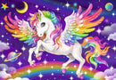 A vibrant jigsaw puzzle featuring a magical unicorn with rainbow-colored wings soaring through a starry night sky, surrounded by planets and clouds with a colorful rainbow below.