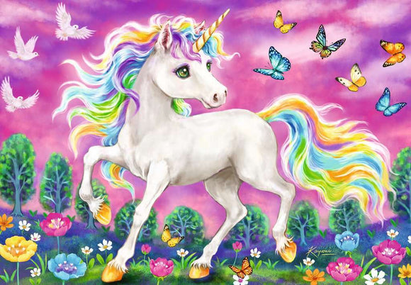 A vibrant jigsaw puzzle image featuring a majestic unicorn with a flowing rainbow mane, surrounded by colorful flowers, butterflies, and a whimsical pink sky. This enchanting design is perfect for puzzle enthusiasts and fans of mythical creatures.