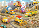 A colorful jigsaw puzzle featuring cartoon construction vehicles at a building site. Characters include a happy yellow bulldozer, a cheerful cement mixer, and various other construction machines, surrounded by cones and construction materials in a lively, playful landscape.