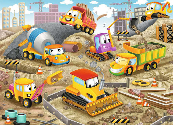 A colorful jigsaw puzzle featuring cartoon construction vehicles at a building site. Characters include a happy yellow bulldozer, a cheerful cement mixer, and various other construction machines, surrounded by cones and construction materials in a lively, playful landscape.