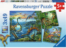 Ravensburger Dinosaur Fascination jigsaw puzzle set featuring three 49-piece puzzles. Each puzzle showcases vibrant illustrations of various dinosaurs in lush, prehistoric landscapes, ideal for children aged 5 and above. The packaging emphasizes premium quality and age appropriateness.