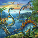 A vibrant jigsaw puzzle featuring a detailed illustration of various dinosaurs in a prehistoric setting. The scene includes long-necked dinosaurs in water, flying pterosaurs, and a stegosaurus amidst lush greenery under a colorful sky.