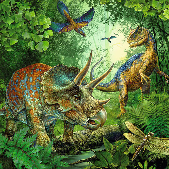 A vibrant jigsaw puzzle featuring a prehistoric scene with a colorful Triceratops and a lively dinosaur in a lush green jungle. Birds are flying in the background, and various ferns and foliage surround them, creating a rich, immersive environment filled with life and detail.