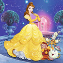 A colorful jigsaw puzzle featuring Disney princess Belle in her iconic yellow gown. She is holding a purple book, surrounded by beloved characters like Lumière, Cogsworth, and Mrs. Potts, set against a starry night background with enchanting elements.