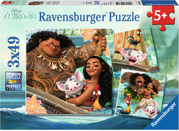 Born to Voyage jigsaw puzzle by Ravensburger featuring characters from Disney's Moana, including Moana, Maui, and Pua. The box displays vibrant illustrations and is suitable for ages 5 and up, containing 49 pieces in a 3x4 layout.