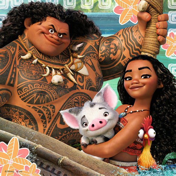 Ravensburger's Born to Voyage jigsaw puzzle featuring vibrant artwork that showcases characters from a popular animated film. Images depict a muscular character with tattoos, a joyful girl holding a pig, and various tropical elements, set against a colorful background. Perfect for puzzle enthusiasts and fans of animation.