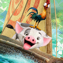 A colorful jigsaw puzzle titled 'Born to Voyage' featuring a joyful cartoon pig with a wide smile and a vibrant rooster on its head, set against a backdrop of a sailing boat on a blue ocean with tropical patterns.