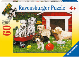 Ravensburger Puppy Party jigsaw puzzle featuring playful puppies in a garden setting. The colorful illustration shows four different puppies, including a Dalmatian, Labrador, and Beagle, surrounded by toys and flowers, ideal for children aged 4 and up with 60 pieces.