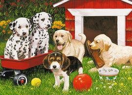 A colorful jigsaw puzzle titled 'Puppy Party' featuring five playful puppies in a sunny garden. Two Dalmatian puppies sit in a red wagon, surrounded by a yellow ball, a red ball, and a dog bowl with bones. A golden Labrador puppy smiles next to an old boot, while a Beagle puppy occupies the foreground. The backdrop includes vibrant flowers and a red dog house.