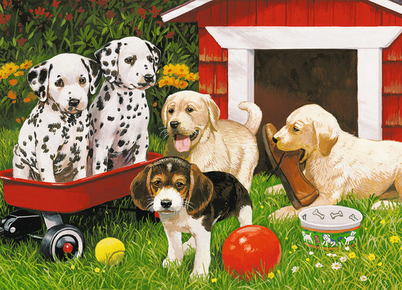 A colorful jigsaw puzzle titled 'Puppy Party' featuring five playful puppies in a sunny garden. Two Dalmatian puppies sit in a red wagon, surrounded by a yellow ball, a red ball, and a dog bowl with bones. A golden Labrador puppy smiles next to an old boot, while a Beagle puppy occupies the foreground. The backdrop includes vibrant flowers and a red dog house.