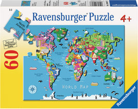 Ravensburger World Map jigsaw puzzle featuring colorful illustrations of continents, landmarks, and wildlife. The puzzle consists of 60 pieces and is suitable for ages 4 and up. Designed in a child-friendly style, the map includes labeled regions like North America and various animals, encouraging educational play.