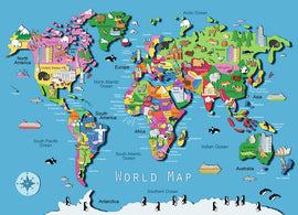 A colorful jigsaw puzzle featuring a detailed world map. Each continent is illustrated with landmarks, animals, and native symbols, making it both educational and fun. The vibrant design includes North and South America, Africa, Europe, Asia, and Australia, with oceans and notable geographical features.