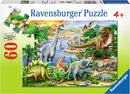 Ravensburger jigsaw puzzle titled 'Prehistoric Life', featuring a vibrant illustration of various dinosaurs in a lush, prehistoric landscape. The scene depicts a Tyrannosaurus rex, Triceratops, and other dinosaurs amidst greenery and a tranquil water body. Suitable for ages 4 and up, this puzzle includes 60 pieces designed for young dinosaur enthusiasts.