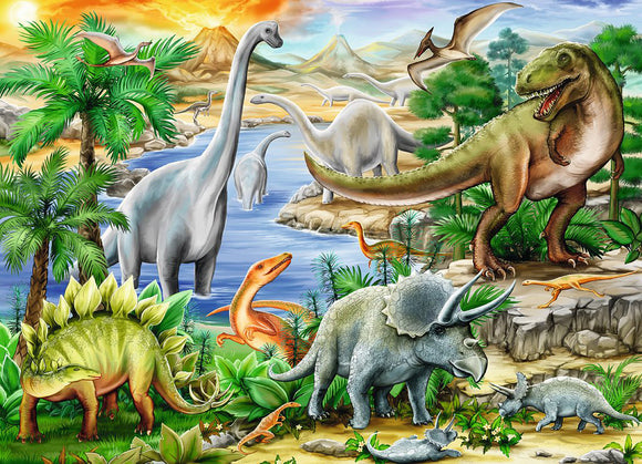 A vibrant jigsaw puzzle scene depicting various dinosaurs in a prehistoric landscape. Includes a T-Rex, Triceratops, and long-necked dinosaurs, surrounded by lush greenery and mountains in the background, showcasing a colorful sunset.